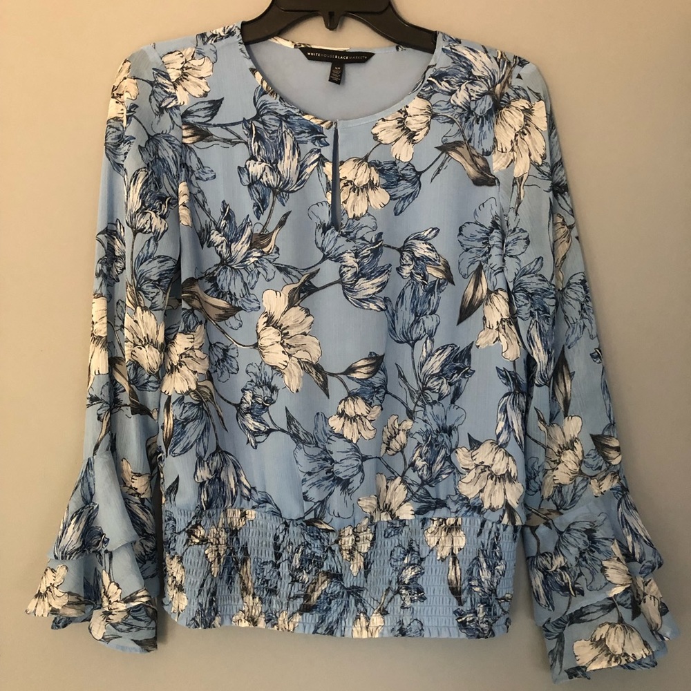 White House Black Market XS Long Sleeve Blue Floral Blouse